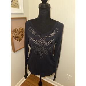 Vintage Mudd Women's Thermal Top XL Black Cross Goth Ribbed Knit Long Sleeve Y2K